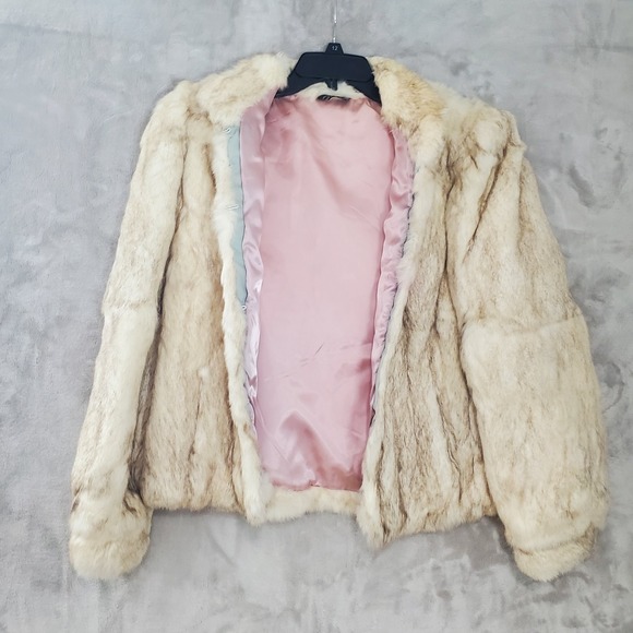 Vintage Dyed Rabbit Fur Coat Womens L Beige Cream Made in Hong Kong Satin Lined - Picture 4 of 12
